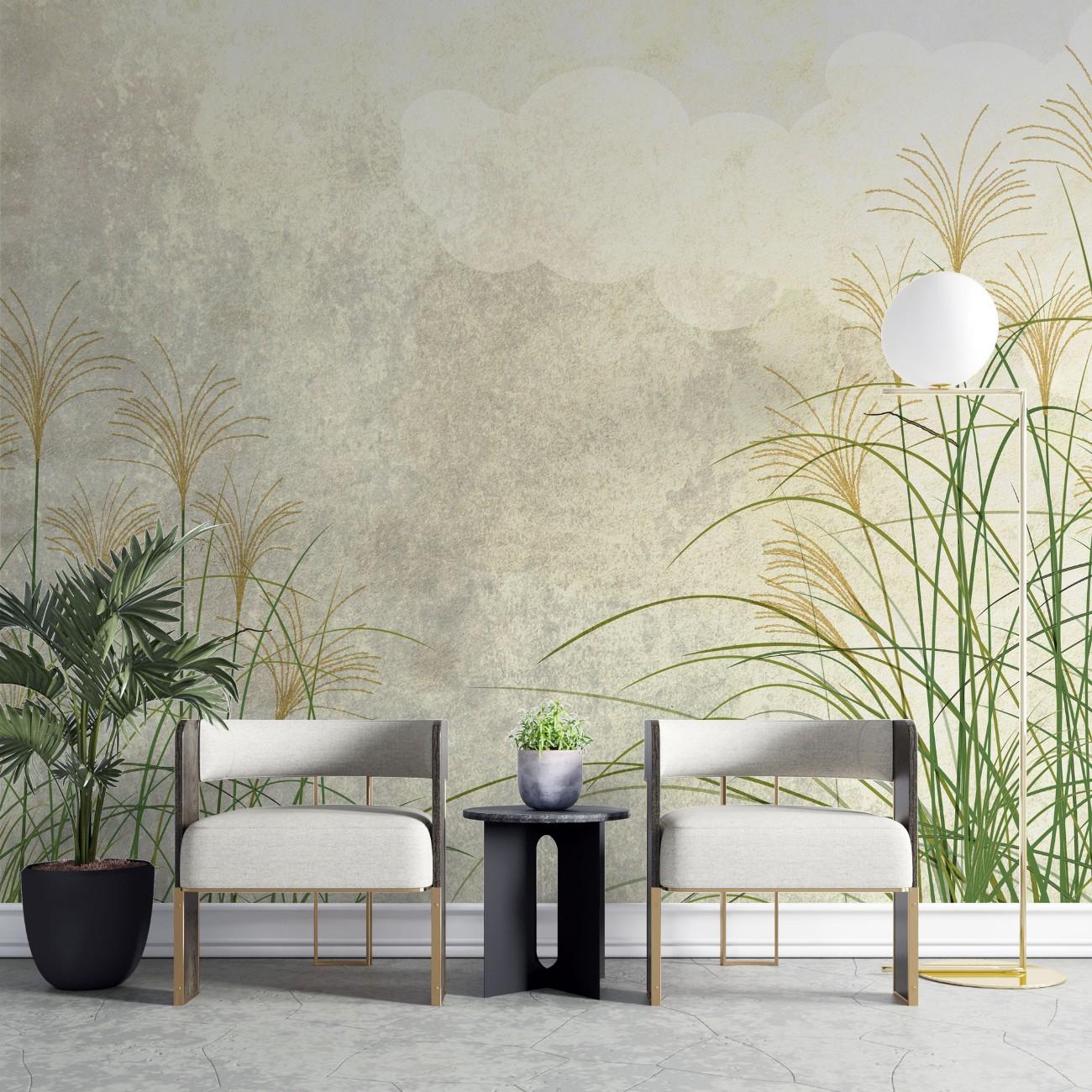 tapet personalizat leaf cu frunze artistic cu iarba de trestie in culori naturale pe un fundal abstract cu nori inspirand liniste si natura delta