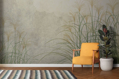 tapet personalizat leaf cu frunze artistic cu iarba de trestie in culori naturale pe un fundal abstract cu nori inspirand liniste si natura delta