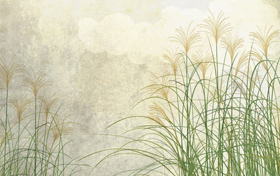 tapet personalizat leaf cu frunze artistic cu iarba de trestie in culori naturale pe un fundal abstract cu nori inspirand liniste si natura delta