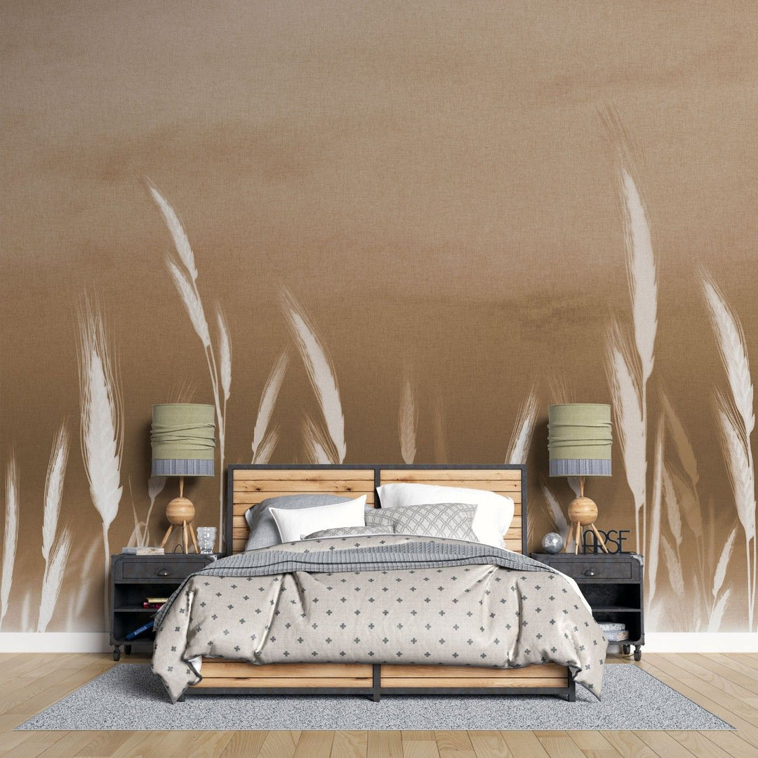 Tapet personalizat leaf cu frunze cu spice albe de grau pe un fundal maro deschis oferind un accent subtil de natura si eleganta wheat accent