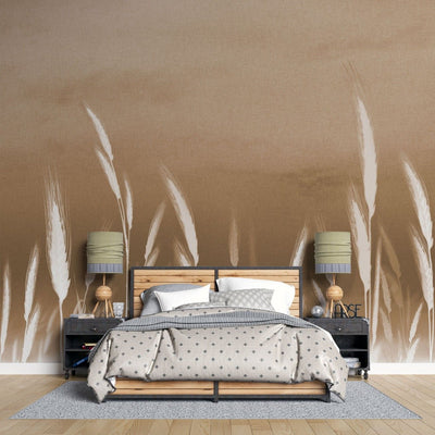 tapet personalizat leaf cu frunze cu spice albe de grau pe un fundal maro deschis oferind un accent subtil de natura si eleganta wheat accent