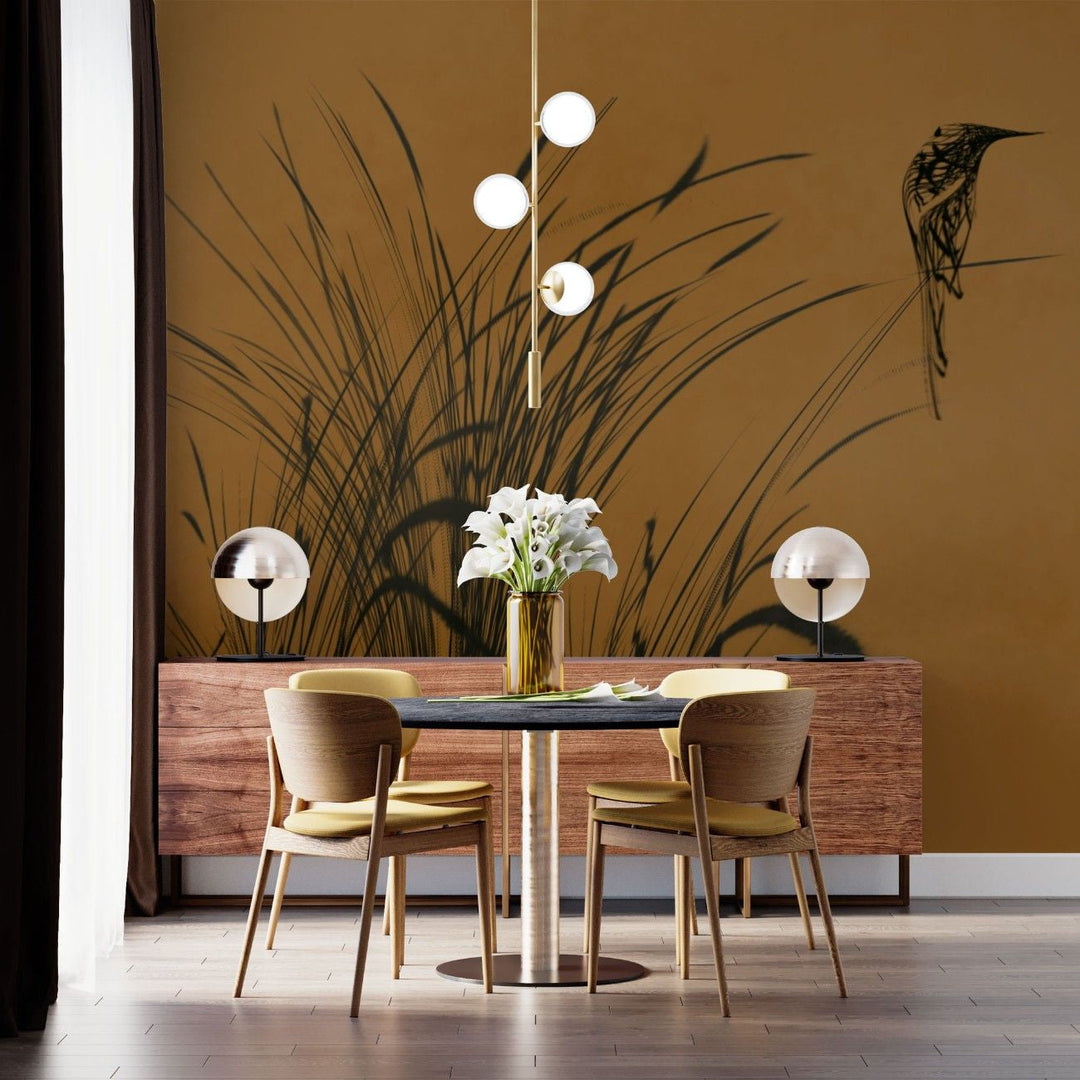 Tapet personalizat leaf cu frunze cu un design minimalist infatisand pasari stilizate printre fire de trestie pe un fundal maro inchis creand o imagine eleganta bird reed dark