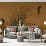 Tapet personalizat leaf cu frunze cu un design minimalist infatisand pasari stilizate printre fire de trestie pe un fundal maro inchis creand o imagine eleganta bird reed dark