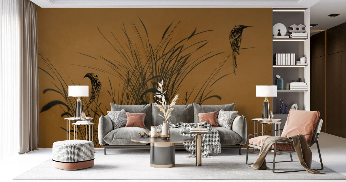tapet personalizat leaf cu frunze cu un design minimalist infatisand pasari stilizate printre fire de trestie pe un fundal maro inchis creand o imagine eleganta bird reed dark