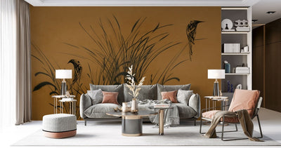 tapet personalizat leaf cu frunze cu un design minimalist infatisand pasari stilizate printre fire de trestie pe un fundal maro inchis creand o imagine eleganta bird reed dark