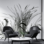 Tapet personalizat leaf cu pasari si trestie in siluete negre pe un fundal alb pur pentru un contrast modern si un aspect artistic bird reed white