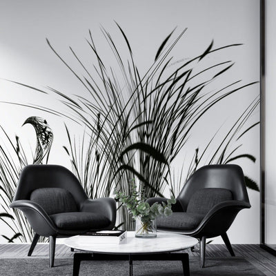 tapet personalizat leaf cu pasari si trestie in siluete negre pe un fundal alb pur pentru un contrast modern si un aspect artistic bird reed white