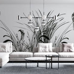 Tapet personalizat leaf cu pasari si trestie in siluete negre pe un fundal alb pur pentru un contrast modern si un aspect artistic bird reed white