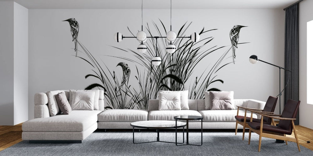 Tapet personalizat leaf cu pasari si trestie in siluete negre pe un fundal alb pur pentru un contrast modern si un aspect artistic bird reed white