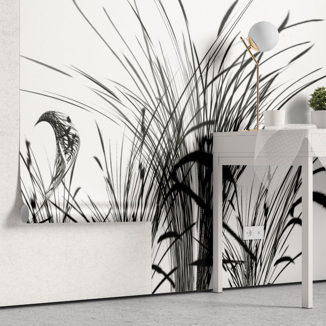 tapet personalizat leaf cu pasari si trestie in siluete negre pe un fundal alb pur pentru un contrast modern si un aspect artistic bird reed white