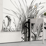 Tapet personalizat leaf cu pasari si trestie in siluete negre pe un fundal alb pur pentru un contrast modern si un aspect artistic bird reed white