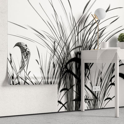tapet personalizat leaf cu pasari si trestie in siluete negre pe un fundal alb pur pentru un contrast modern si un aspect artistic bird reed white