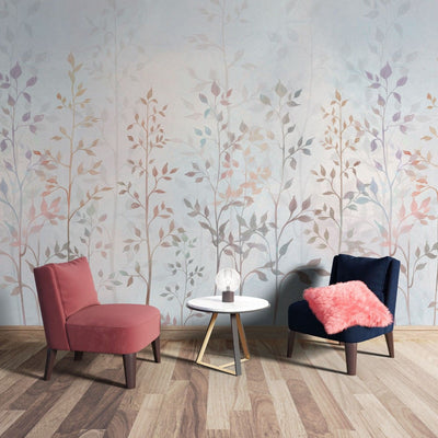 tapet personalizat leaf cu crengute delicate si frunze in nuante pastelate pe un fundal luminos creand o atmosfera eterica si relaxanta heaven leaves