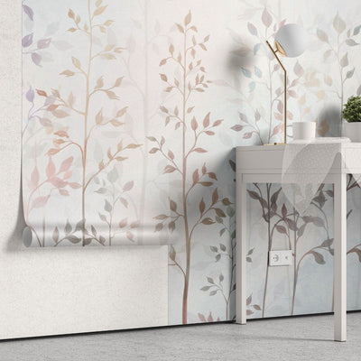 tapet personalizat leaf cu crengute delicate si frunze in nuante pastelate pe un fundal luminos creand o atmosfera eterica si relaxanta heaven leaves