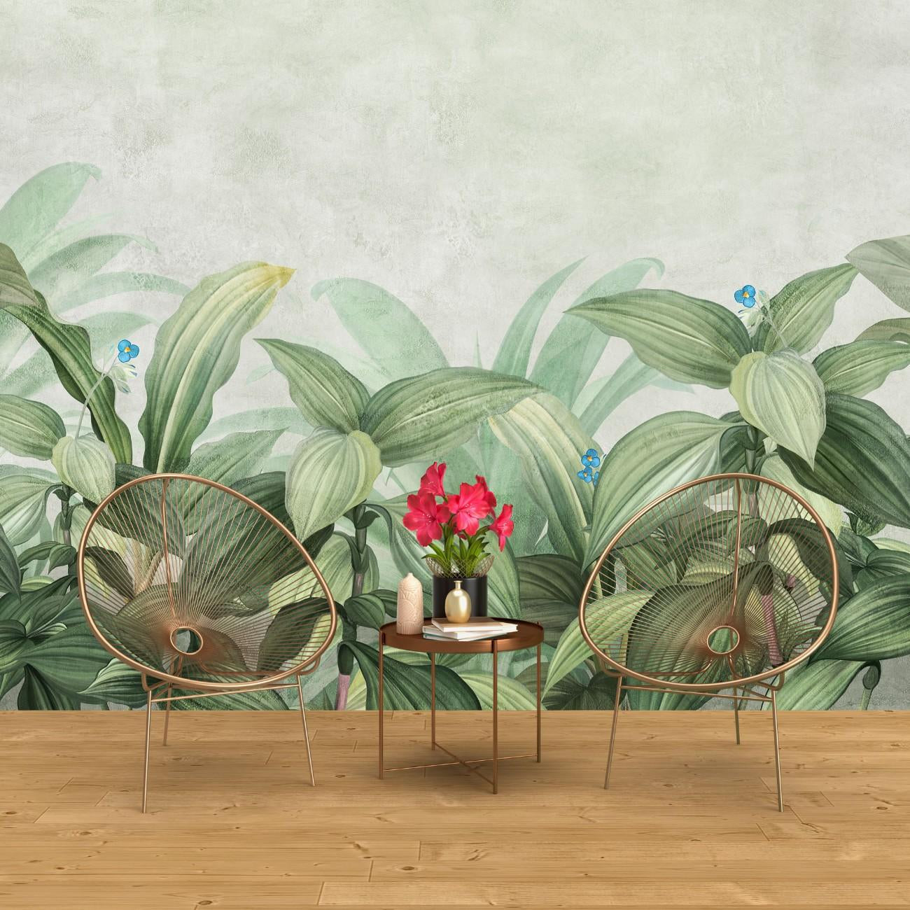 tapet personalizat leaf cu frunze si vegetatie tropicala luxurianta frunze mari verzi si flori delicate pe un fundal deschis ideal pentru o camera luminoasa tropical wide