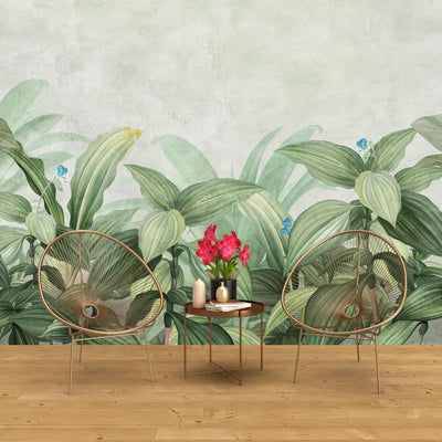 tapet personalizat leaf cu frunze si vegetatie tropicala luxurianta frunze mari verzi si flori delicate pe un fundal deschis ideal pentru o camera luminoasa tropical wide