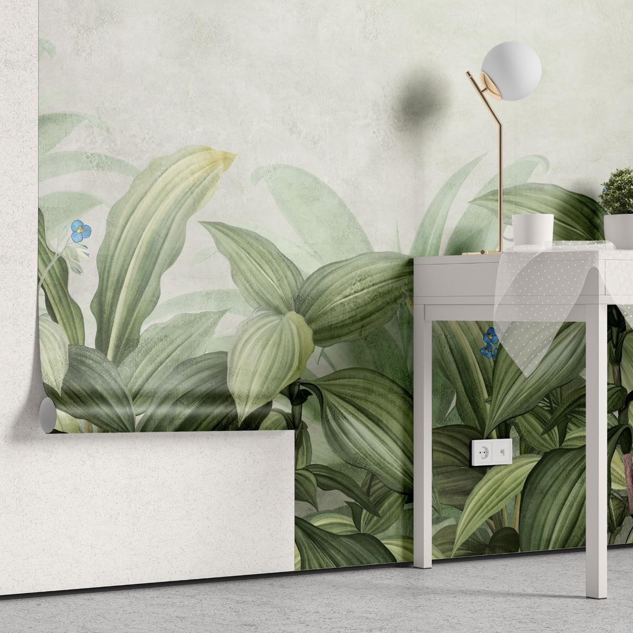tapet personalizat leaf cu frunze si vegetatie tropicala luxurianta frunze mari verzi si flori delicate pe un fundal deschis ideal pentru o camera luminoasa tropical wide