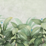 Tapet personalizat leaf cu frunze si vegetatie tropicala luxurianta frunze mari verzi si flori delicate pe un fundal deschis ideal pentru o camera luminoasa tropical wide