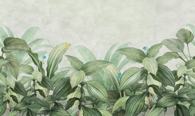 tapet personalizat leaf cu frunze si vegetatie tropicala luxurianta frunze mari verzi si flori delicate pe un fundal deschis ideal pentru o camera luminoasa tropical wide