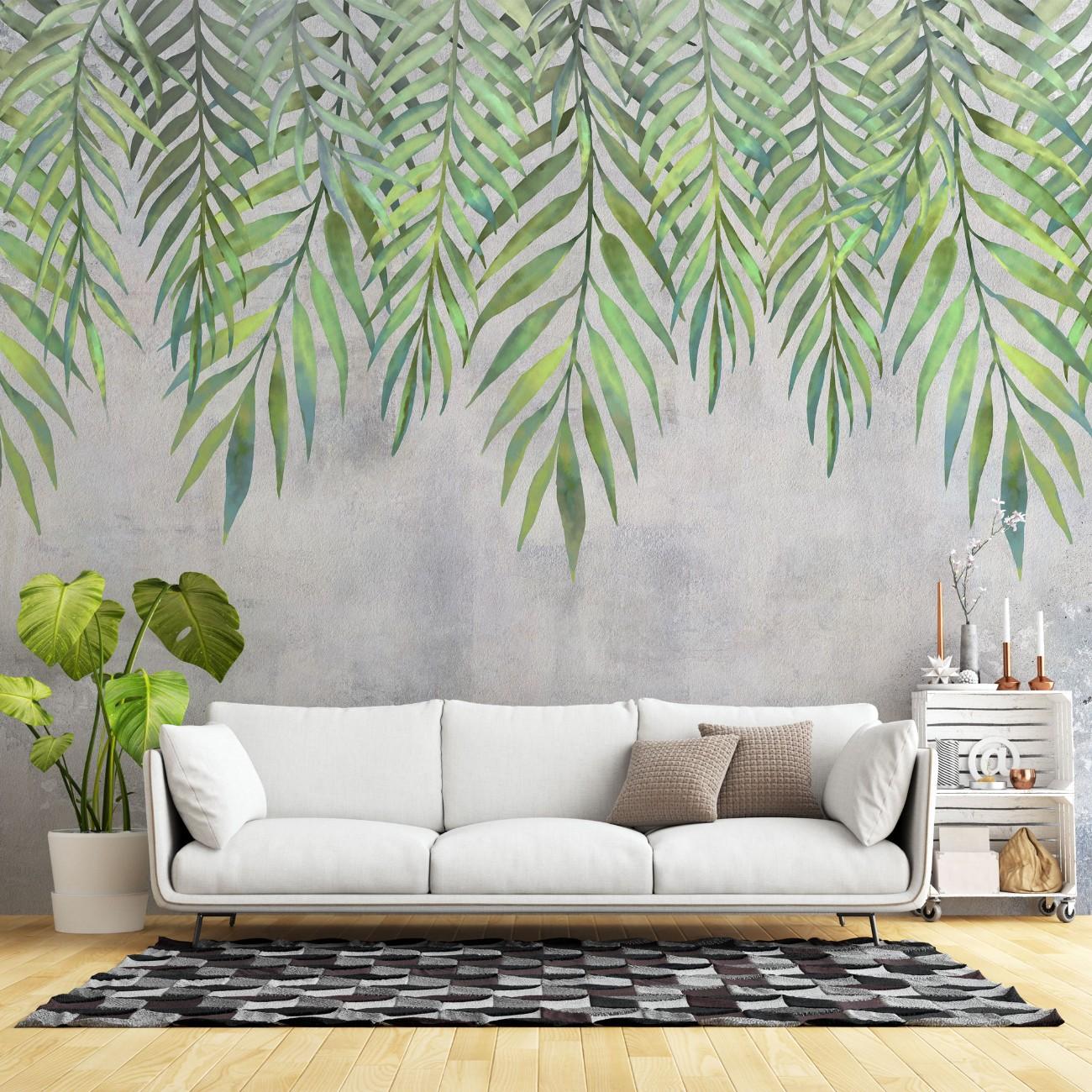 tapet personalizat leaf cu frunze de palmier suspendate in nuante de verde pe un fundal cu aspect texturat perfect pentru un design fresh si vivid hanging palm leaves