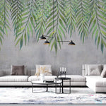 Tapet personalizat leaf cu frunze de palmier suspendate in nuante de verde pe un fundal cu aspect texturat perfect pentru un design fresh si vivid hanging palm leaves