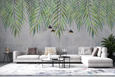 tapet personalizat leaf cu frunze de palmier suspendate in nuante de verde pe un fundal cu aspect texturat perfect pentru un design fresh si vivid hanging palm leaves