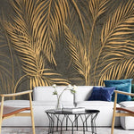 Tapet personalizat leaf cu frunze de palmier aurii stilizate pe un fundal inchis texturat aducand un plus de eleganta si o nota artistica exotica artistic palm