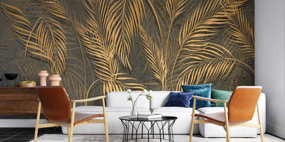 tapet personalizat leaf cu frunze de palmier aurii stilizate pe un fundal inchis texturat aducand un plus de eleganta si o nota artistica exotica artistic palm