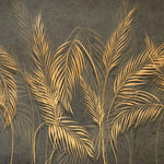 Tapet personalizat leaf cu frunze de palmier aurii stilizate pe un fundal inchis texturat aducand un plus de eleganta si o nota artistica exotica artistic palm