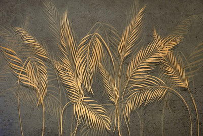 tapet personalizat leaf cu frunze de palmier aurii stilizate pe un fundal inchis texturat aducand un plus de eleganta si o nota artistica exotica artistic palm