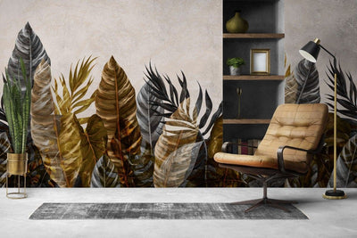 tapet personalizat leaf cu frunze luxuriante in nuante de auriu gri si negru pe un fundal deschis pentru un aspect modern si elegant brassy tropical