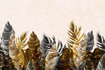 Tapet personalizat leaf cu frunze luxuriante in nuante de auriu gri si negru pe un fundal deschis pentru un aspect modern si elegant brassy tropical