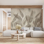 Tapet personalizat leaf cu umbre delicate de frunze de palmier in tonuri de bej si gri creand o atmosfera subtila si eleganta palm shadows