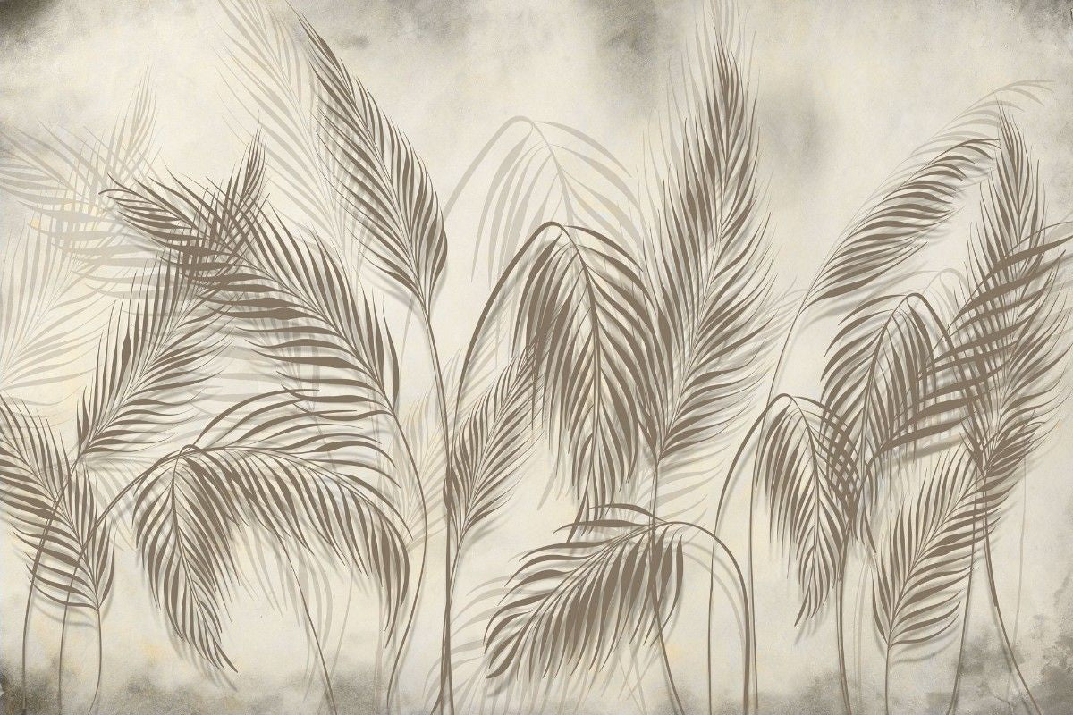 tapet personalizat leaf cu umbre delicate de frunze de palmier in tonuri de bej si gri creand o atmosfera subtila si eleganta palm shadows