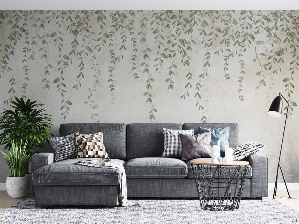 Tapet personalizat leaf cu frunze mici delicate in nuante de verde pal cazand in cascada ideal pentru un decor proaspat si primitor pretty little leaves