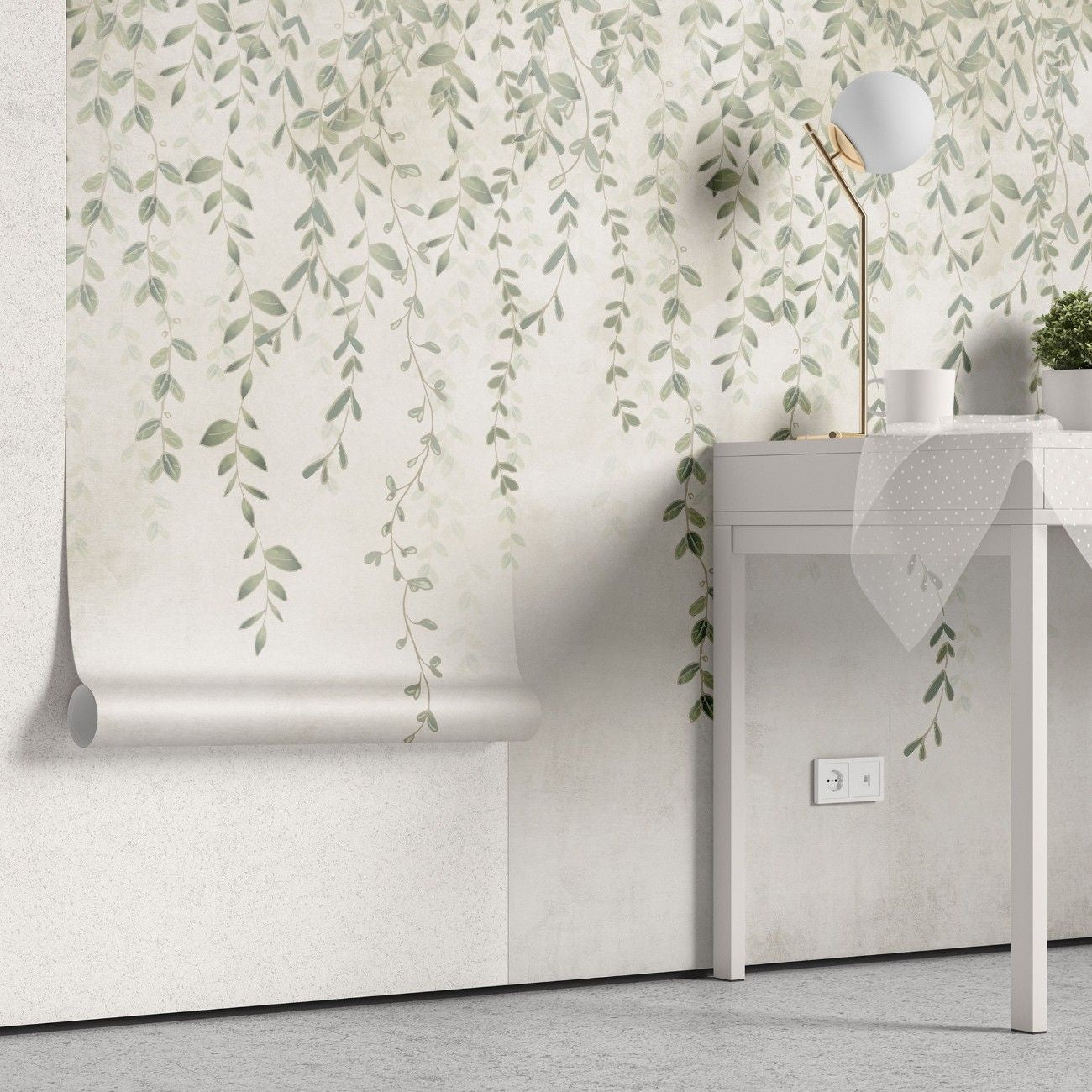tapet personalizat leaf cu frunze mici delicate in nuante de verde pal cazand in cascada ideal pentru un decor proaspat si primitor pretty little leaves
