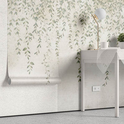 tapet personalizat leaf cu frunze mici delicate in nuante de verde pal cazand in cascada ideal pentru un decor proaspat si primitor pretty little leaves