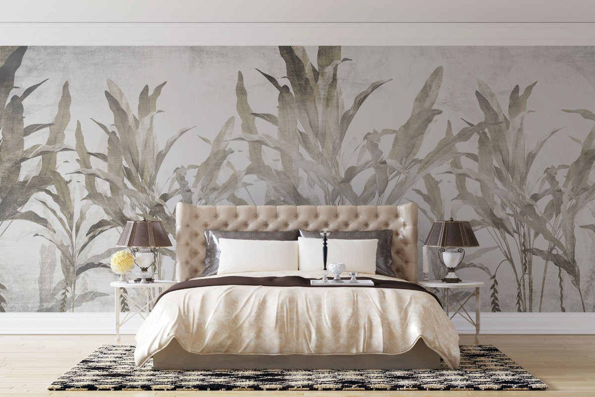 tapet personalizat leaf cu frunze si arbori de banane stilizati in tonuri de gri si bej pe un fundal alb pentru un design tropical modern si aerisit banana trees