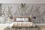 Tapet personalizat leaf cu frunze si arbori de banane stilizati in tonuri de gri si bej pe un fundal alb pentru un design tropical modern si aerisit banana trees