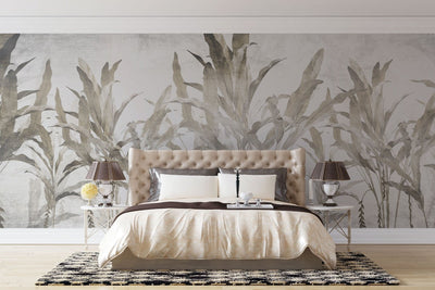tapet personalizat leaf cu frunze si arbori de banane stilizati in tonuri de gri si bej pe un fundal alb pentru un design tropical modern si aerisit banana trees