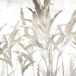 Tapet personalizat leaf cu frunze si arbori de banane stilizati in tonuri de gri si bej pe un fundal alb pentru un design tropical modern si aerisit banana trees