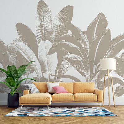 tapet personalizat leaf cu frunze mari de banane in tonuri de bej pe un fundal alb pentru un design tropical minimalist si luminos beige banana leaves