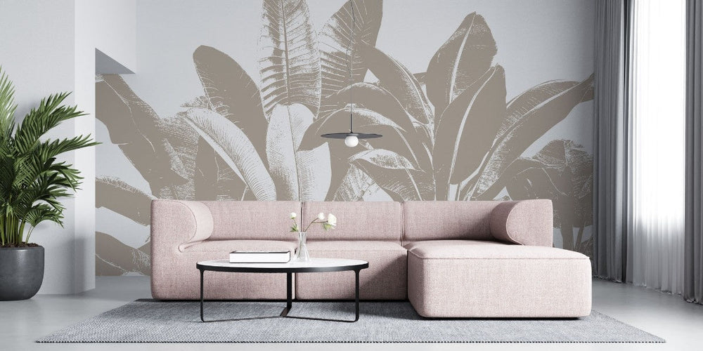 Tapet personalizat leaf cu frunze mari de banane in tonuri de bej pe un fundal alb pentru un design tropical minimalist si luminos beige banana leaves