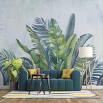 Tapet personalizat leaf cu frunze tropicale in acuarela in nuante vibrante de verde si albastru pe un fundal deschis aducand prospetime si vitalitate watercolor green leaves