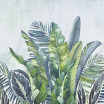 Tapet personalizat leaf cu frunze tropicale in acuarela in nuante vibrante de verde si albastru pe un fundal deschis aducand prospetime si vitalitate watercolor green leaves