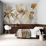 Tapet personalizat leaf cu elemente florale moderne cu flori si frunze aurii si albe pe un fundal cu model geometric si accente marmorate elegant si sofisticat floral gold tile