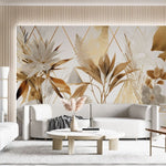 Tapet personalizat leaf cu elemente florale moderne cu flori si frunze aurii si albe pe un fundal cu model geometric si accente marmorate elegant si sofisticat floral gold tile