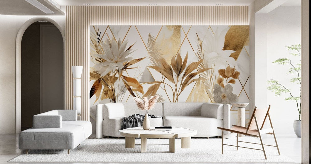 Tapet personalizat leaf cu elemente florale moderne cu flori si frunze aurii si albe pe un fundal cu model geometric si accente marmorate elegant si sofisticat floral gold tile