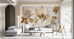 Tapet personalizat leaf cu elemente florale moderne cu flori si frunze aurii si albe pe un fundal cu model geometric si accente marmorate elegant si sofisticat floral gold tile
