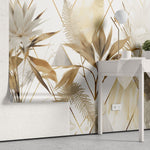 Tapet personalizat leaf cu elemente florale moderne cu flori si frunze aurii si albe pe un fundal cu model geometric si accente marmorate elegant si sofisticat floral gold tile